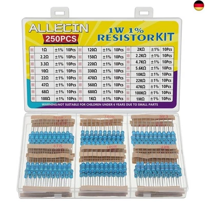 ALLECIN 1W Widerstand Set 1% Toleranz 25 Werte von 1 Ohm bis 1M Ohm 1 Watt Metallfilm