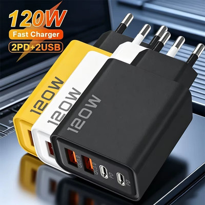 120W 4-Port USB-C Fast Charger QC3.0 PD Wall Adapter for iPhone/Samsung/Xiaomi