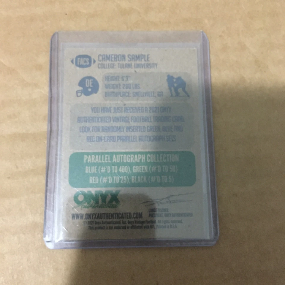 CAMERON SAMPLE 2021 ONYX VINTAGE FOOTBALL #FACS AUTO AUTOGRAPH GREEN /50 - Image 2 of 2