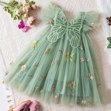 Girls Floral Embroidered Butterfly Mesh Flying Sleeve Dress sz 1yr
