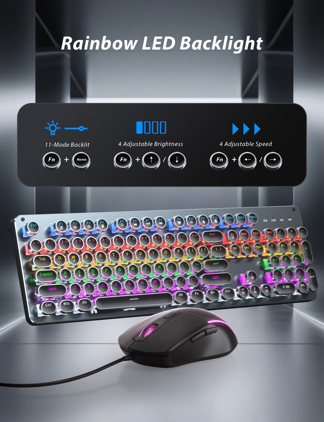 Typewriter Style Mechanical Gaming Keyboard Blue Switch, Rainbow LED Backlit ...