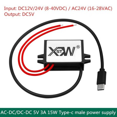 DC 12V/24V to 5V AC 24V to 5VDC 3A 15W Type-c male power converter