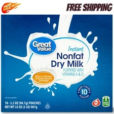 Great Value Instant Nonfat Dry Milk, 10-Count 3.2 oz Pouches - 40 Servings, 10 Q