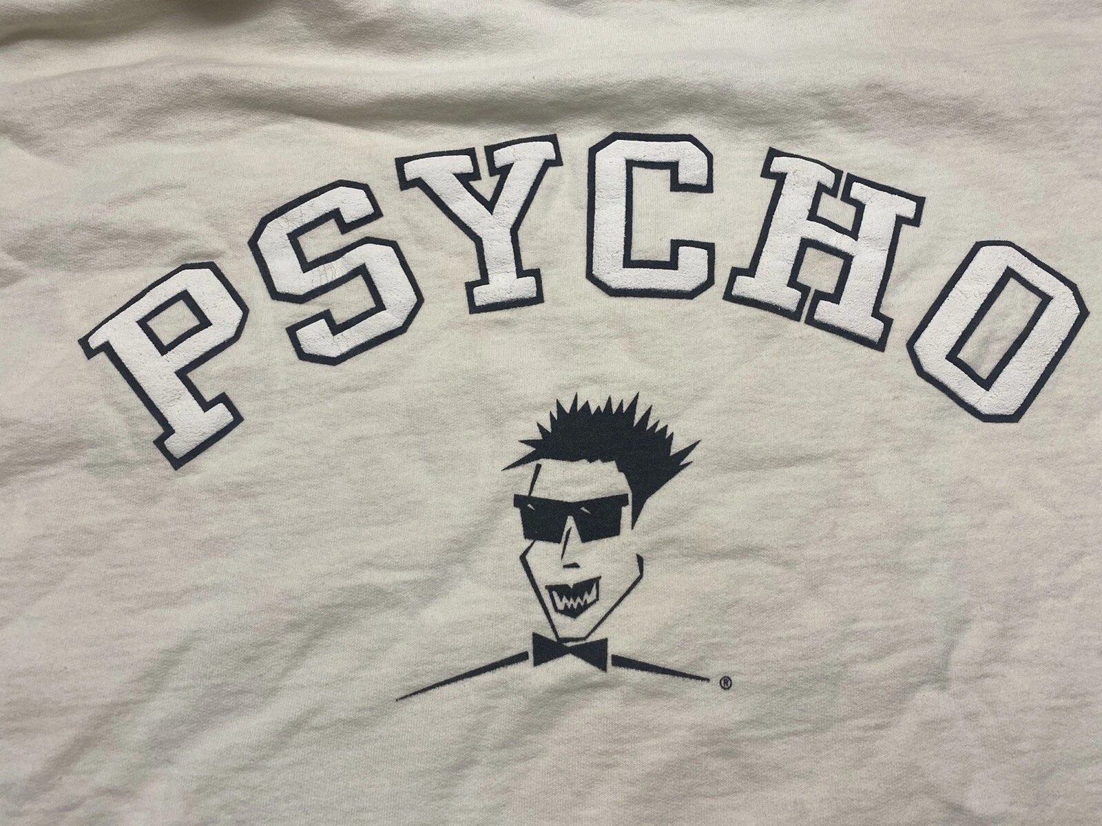 OFF WHITE T shirt con cappuccio vintage anni '90 Psycho Wear uomo grafica taglia OSFA USA bianca spenta