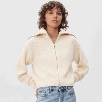 EVERLANE Grobstrickjacke 100% Bio-Baumwolle großer Kragen creme Gr. XXS sehr guter Zustand