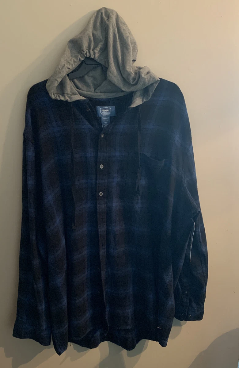 The Foundry supply co Young Mens Big tall2XLT Button Up Blue Plaid Hoodie Jacket
