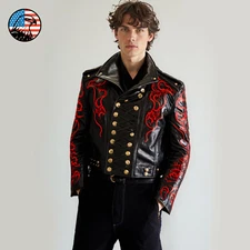 Steampunk Gothic Black Military Dragon Leather Jacket Red Embroidery Punk Rock