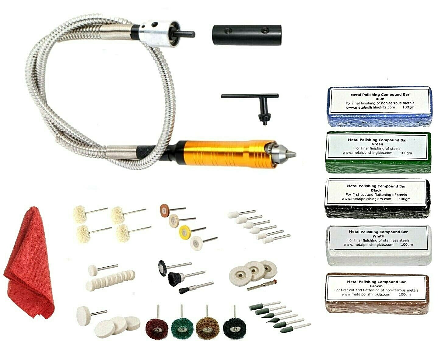 Bench Grinder Add-On Metal Polishing Kit With Flexible Drive Shaft & Rotary Bits
