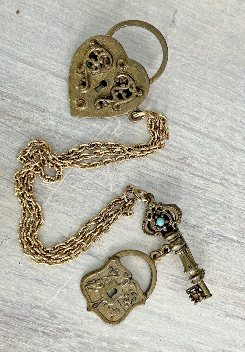 Victorian Pin Set Heart Lock & Key with Chain Ant… - image 1