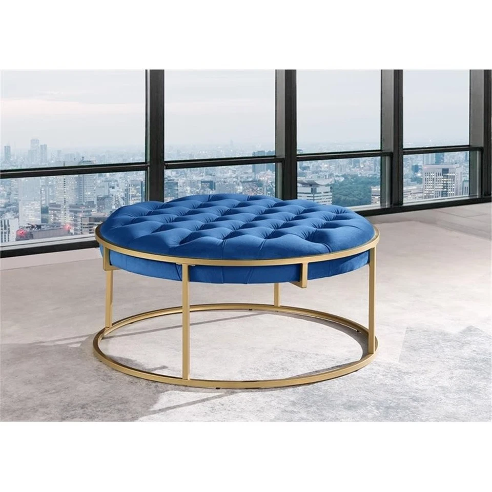 Amoria Navy Round Ottoman in Brushed Gold - Image 2 of 2