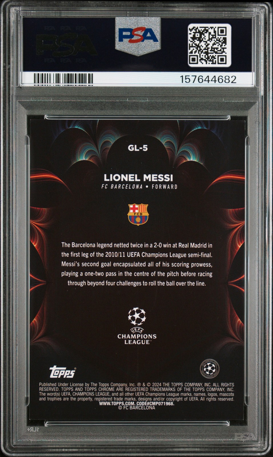 2023 TOPPS CHROME UEFA CLUB COMPETITIONS GOLAZO BLUE LIONEL MESSI /150 PSA 7 view 2