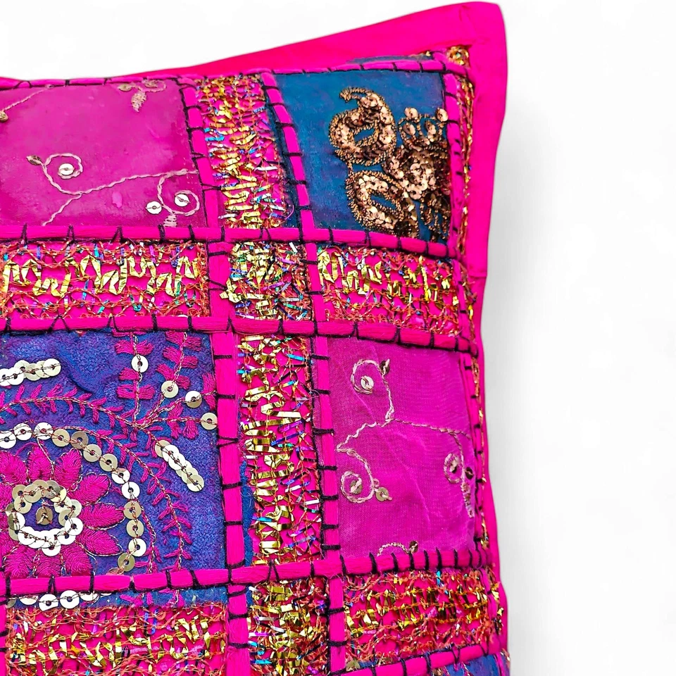 Handmade Indian Patchwork Decorative Cushion Cover - 16"x16" Boho Throw Pillow - Image 2 of 4