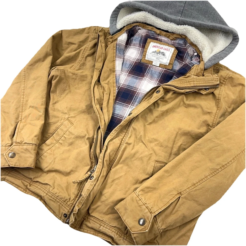 Chaqueta American Eagle Hombre Grande Marrón Bombardero Sarga Lona Franela Forrada Con Capucha Foto 2 de 4
