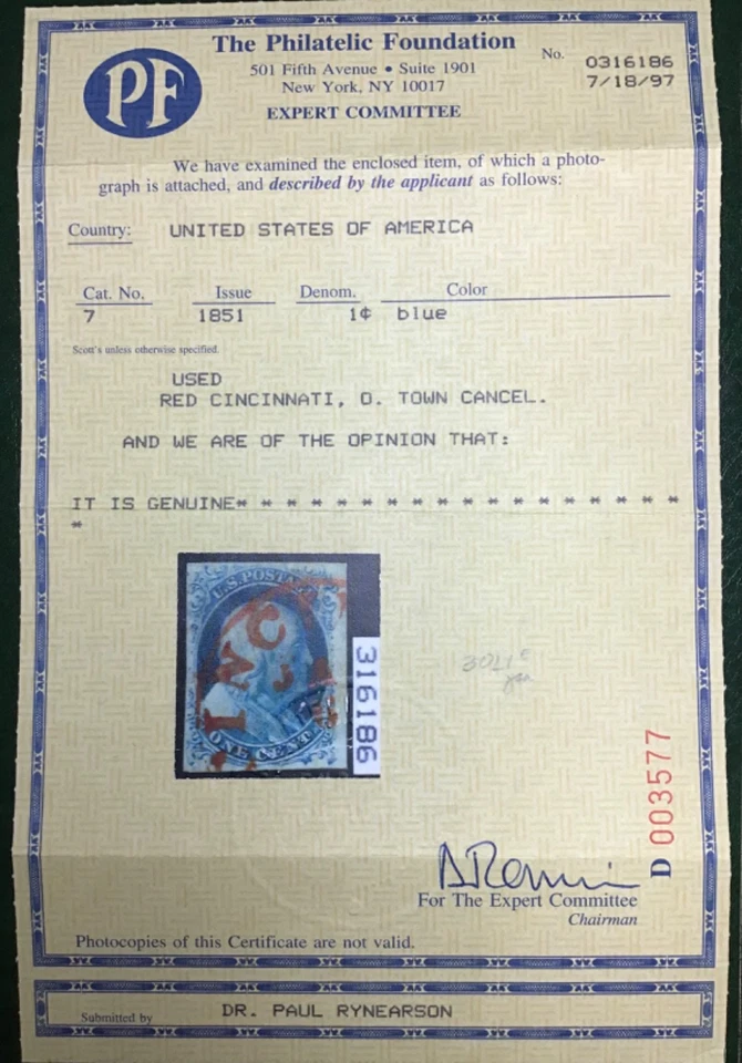 US #7 1c Franklin Blue Type II Imperforate XFS Paint Red Cancel PF Cert (1851) - Image 4 of 4