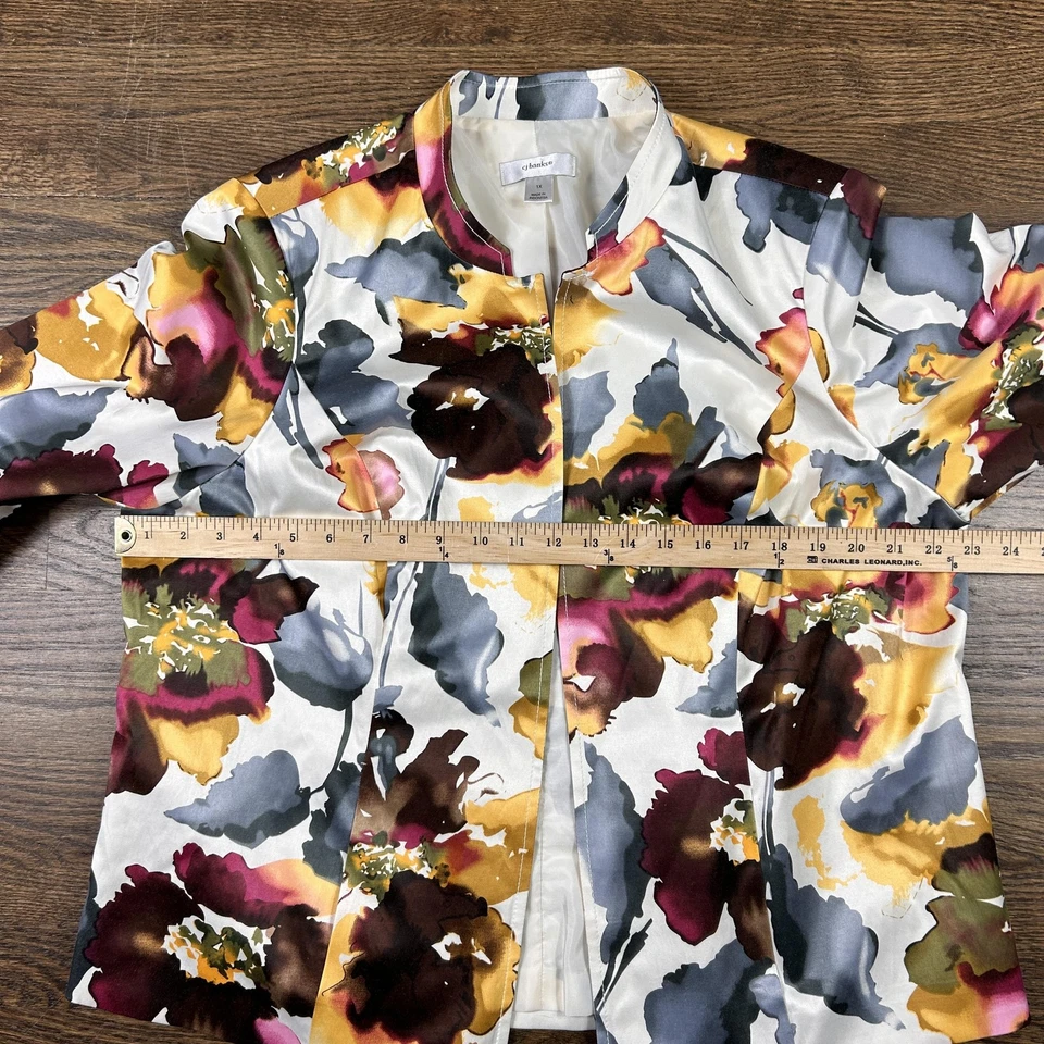 Chaqueta CJ Banks Mujer 1X Estampado Floral Satinado Manga 3/4 Bolsillos Primavera Foto 4 de 4