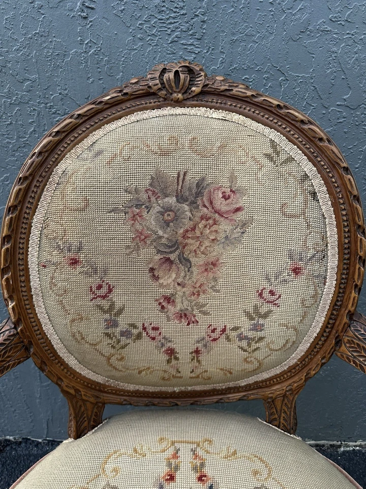 Antique French Louis XVI Needlepoint Armchair – Hand Carved Wood - Image 3 of 4