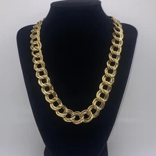 Signed Monet Gold Tone Double Curb Link Chain Chunky 18” Vintage Hook Necklace