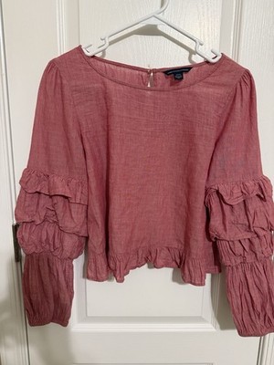 American Eagle Crop Peasant Top Red Boho Smocked Ruffle Sleeve Small