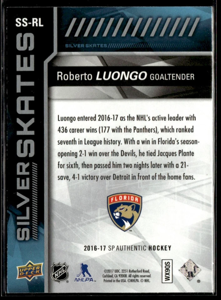 2016-17 UD SP Authentic Silver Skates Roberto Luongo #SS-RL - Image 2 of 2
