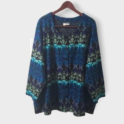 Ulla Popken Womens Plus Size 32/34 Blue Green Damask Print Knit Button Jacket
