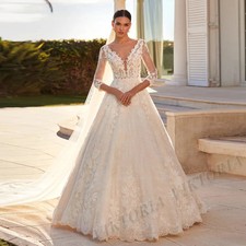 A-line Wedding Dress with Sleeves Lace Appliques Tulle V-neck Button Sweep Train