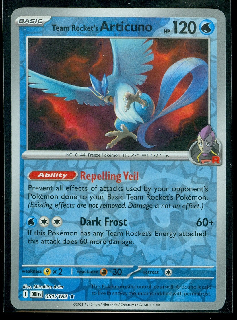 Pokemon TEAM ROCKET'S ARTICUNO 051/182 - Destined Rivals -  RARE Rev Holo - MINT