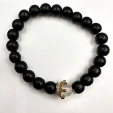 Vintage Y2K Black Onyx Beaded Stretch Bracelet Gold Tone Crown Unisex Jewelry