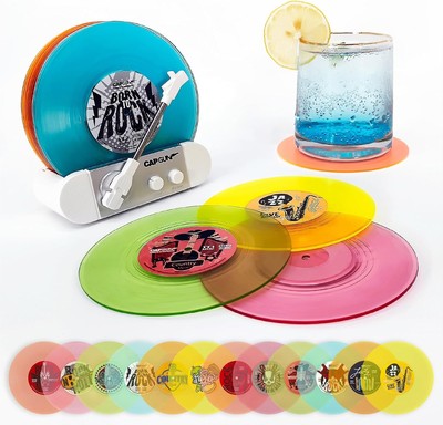 Funny Retro Vinyl Record Coasters, Creative Drink Coasters V1&V4, Black 