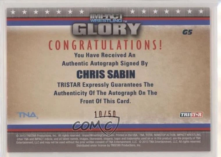 2013 TRISTAR TNA Impact Wrestling Glory Sticker Red /50 Chris Sabin #G5 Auto - Image 2 of 2