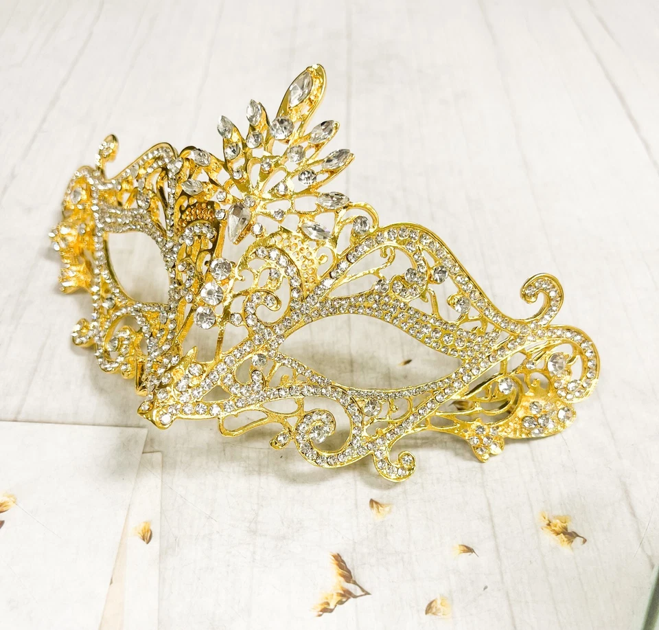 14K Gold Masquerade Mask, Wedding Party Mask, Crystal Eye Mask, Venetian Mask - Image 2 of 4