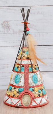 Southwestern Dreamcatcher Feathers Turquoise Rocks Indian Teepee Hut Figurine