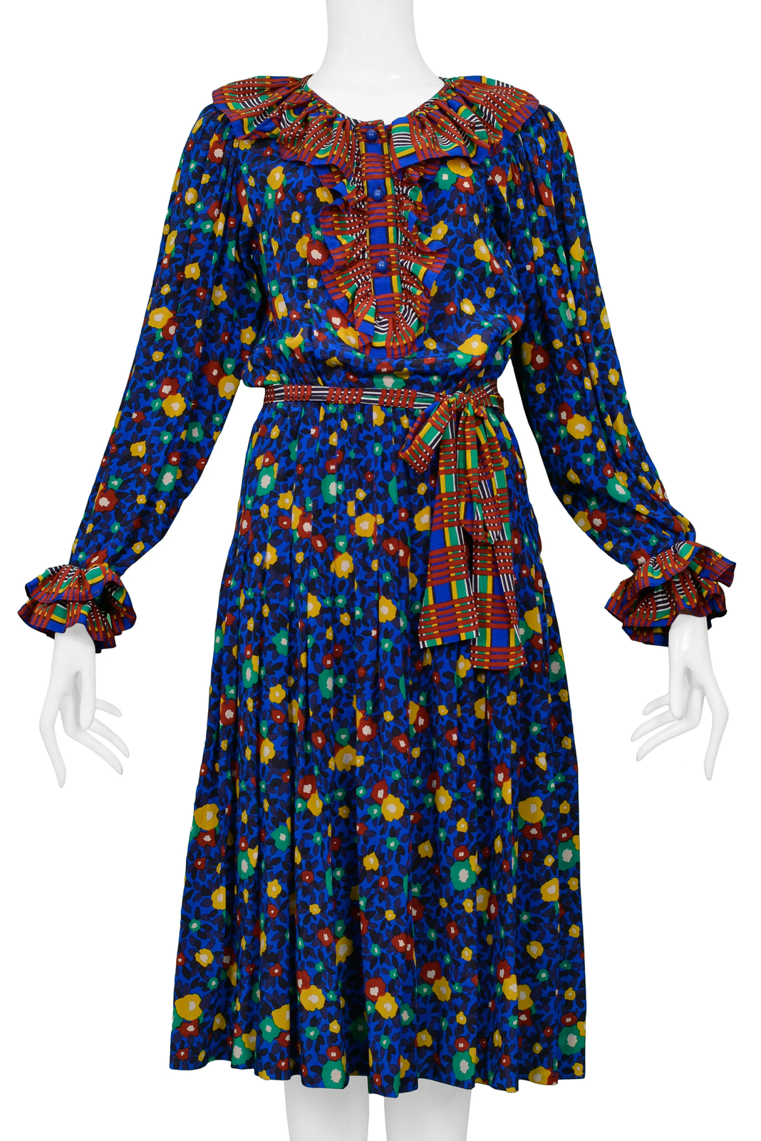 ABITO VINTAGE YVES SAINT LAURENT YSL BLU FLOREALE CON FINITURE A QUADRI 1980