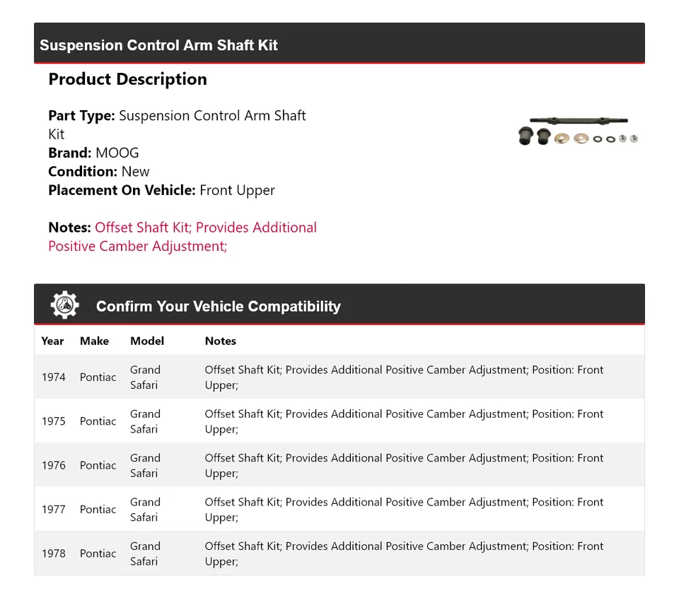 For 1974-1978 Pontiac Grand Safari Suspension Control Arm Shaft Kit MOOG 1974 - Image 2 of 4