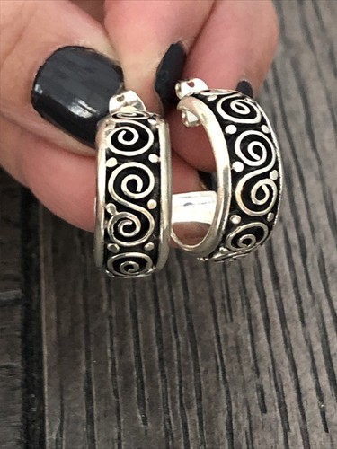 Vintage ATI Signed Sterling Silver 925 Swirl Detailed Beaded J Hoop Earrings 10g - Picture 6 of 7
