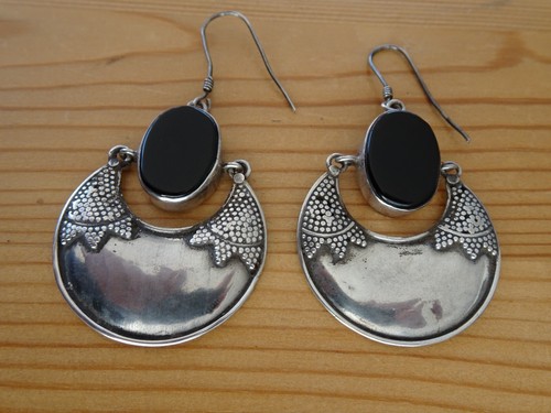 Precioso par de pendientes colgantes vintage de plata de ley 925 y ónix - bohemios - Imagen 7 de 12