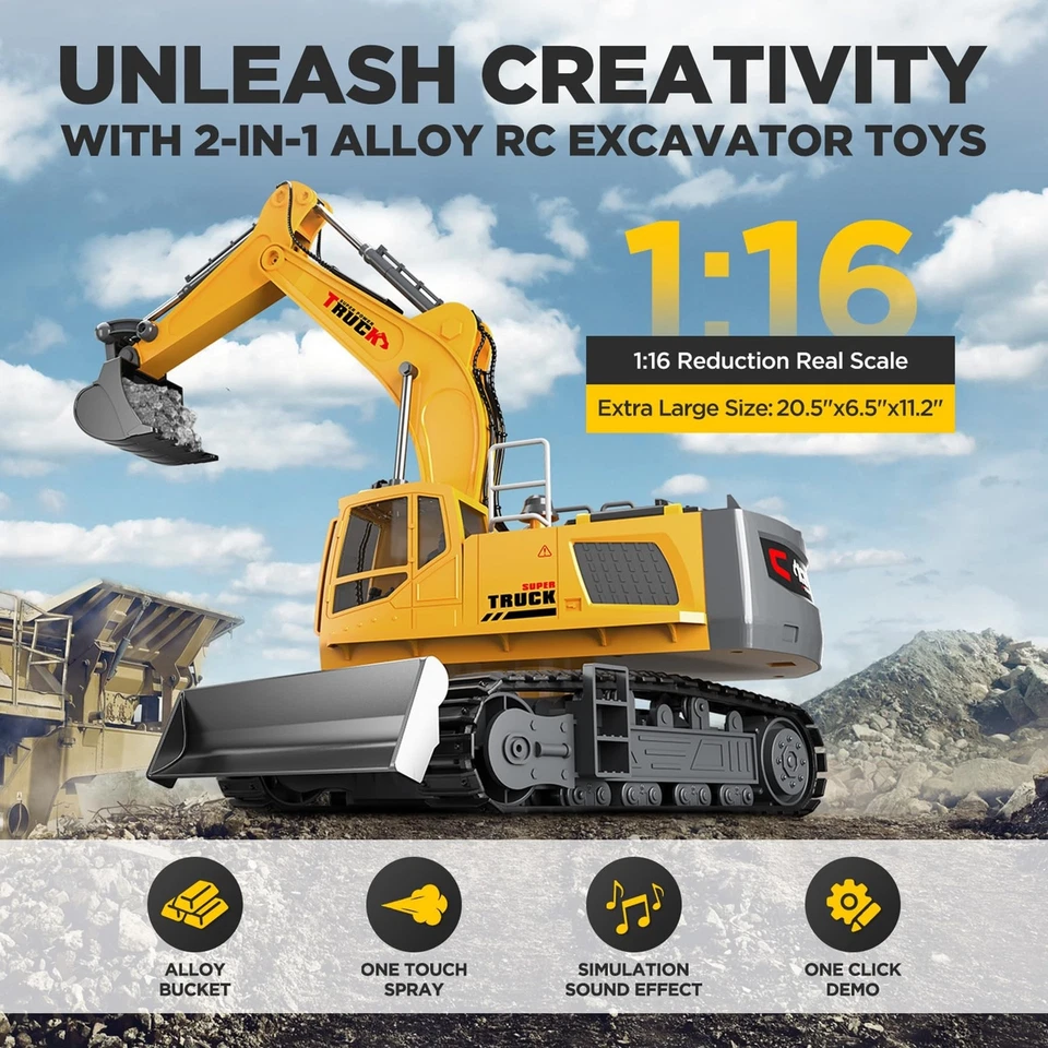 21" Large Remote Control Excavator Toy with Metal Bucket & Dozer Blade, 15-Ch... - Image 2 of 4
