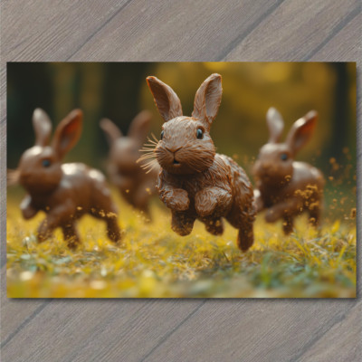 POSTCARD Easter Chocolate Rabbits Racing In Field Festive Candy Display Bunny
