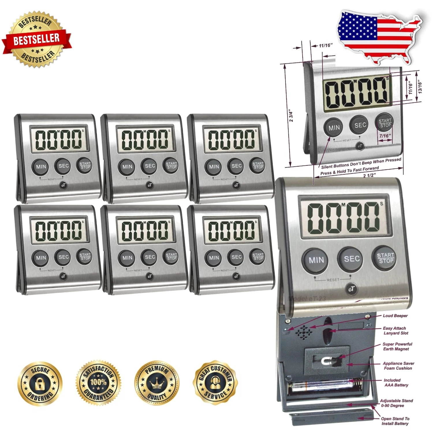 Professional Stainless Steel Timer - Loud Alarm, Easy Read LCD, Auto-Memory