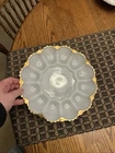 Vintage Anchor Hocking Milk Glass Deviled Egg Plate with Gold Trim Ornate Bottom