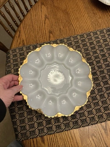 Vintage Anchor Hocking Milk Glass Deviled Egg Plate with Gold Trim Ornate Bottom