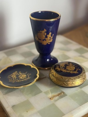 3er Set Vintage Limoges Kobaltblau Porzellan Teile Vergoldet Rokoko Fragonard