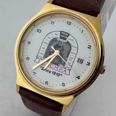 VTG American Time Swiss Quartz Watch LE & CMPA Men Gold Tone Leather New Battery