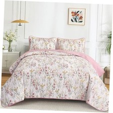 Queen Size Quilt Sets Floral Pattern Quilt Bedding Set, 3 Queen 96"x90" Pink
