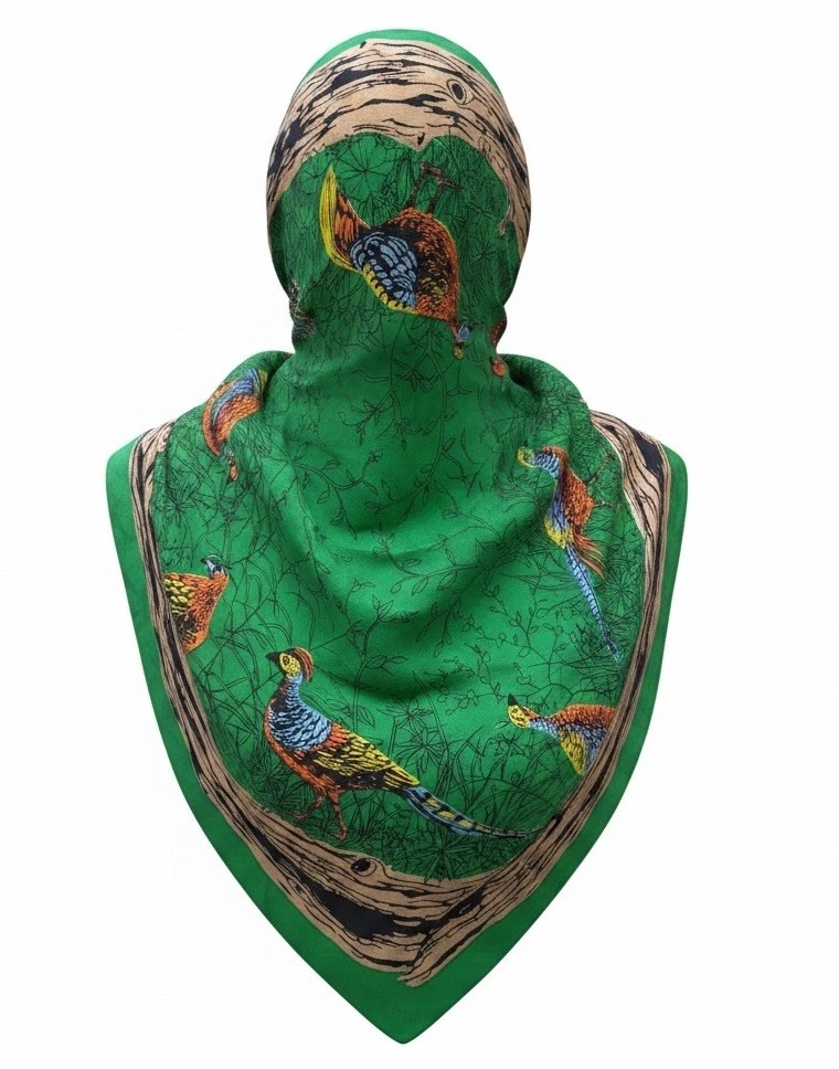 VTG Scarf Pheasant Square Bird Nature Forrest Green Hunting Wood Border 70s