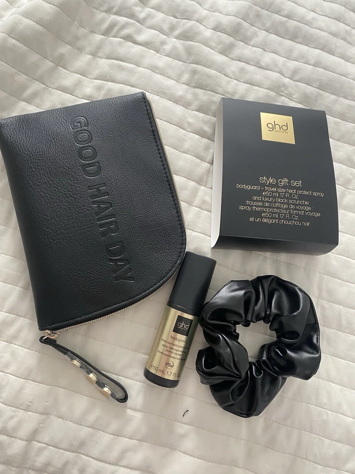 GHD Geschenk Set, Hitzeschild, Spray, Haargummi Kosmetiktasche, Good Hair Day