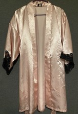 Frederick  s of Hollywood Pink Satin Robe Medium Lace Trim Tie Waist Lingerie