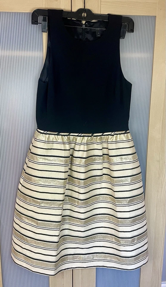 Vestido J Crew Dorado Rayas Calce y Acampanado Talla 4 Cóctel Fiesta Vacaciones Preppy Boda Foto 2 de 4