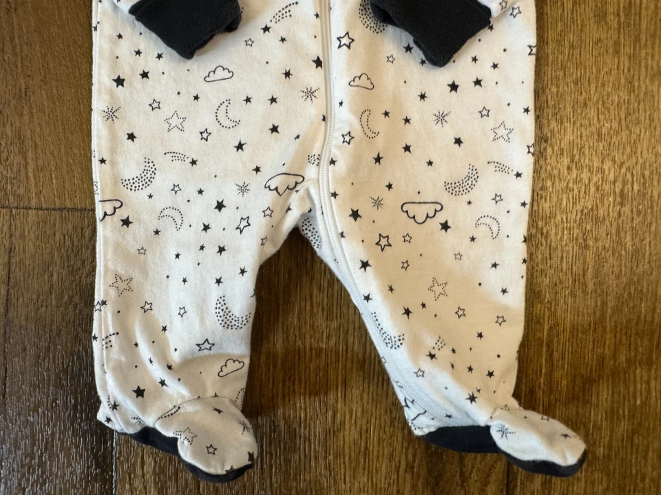 Preemie Baby Boy Girl Unisex Sleeper Moon Stars Black White Zipper Outfit Romper - Image 4 of 4