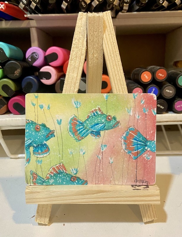 Aceo Original Limited Edition Print Blue Fish  2.5 x 3.5 Melissa Stagi