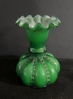 Vintage 5” Beaded Melon Vase Green Overlay Round Ruffled Edge ￼(Fenton?)